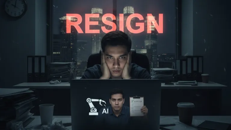 Exhausted Malaysian office worker facing 59% resignation statistic with AI replacement warning and action plan at midnight