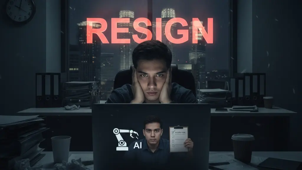 Exhausted Malaysian office worker facing 59% resignation statistic with AI replacement warning and action plan at midnight