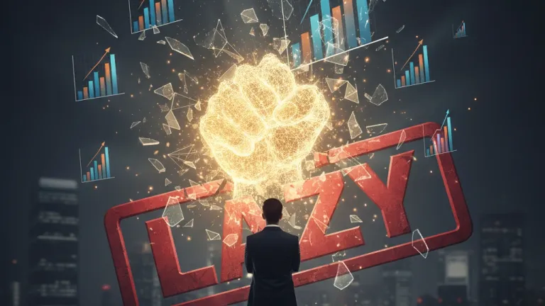 Golden data fist shattering red 'LAZY' stamp, breaking colonial workplace myths with statistics