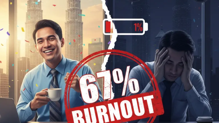Split image showing burnout progression: energetic vs exhausted worker with 67% statistics alert