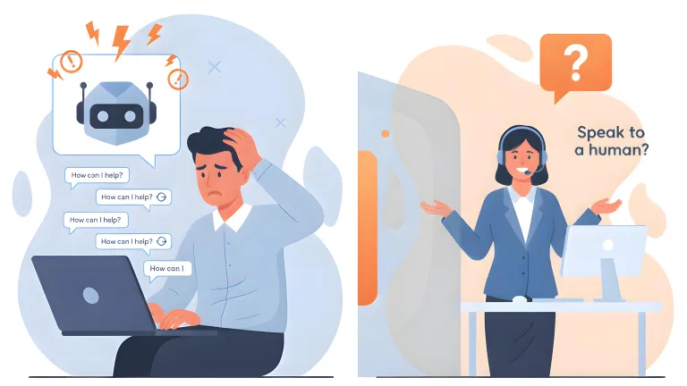 AI chatbot vs human customer service agent comparison illustration