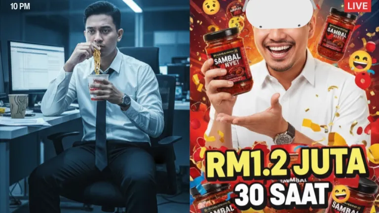 Young Malaysian professional split screen showing tired office worker versus Khairul Aming's RM1.2 million TikTok success