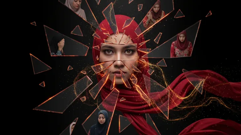 Malaysian woman breaking through fragmented mirror reflecting imposed religious identities