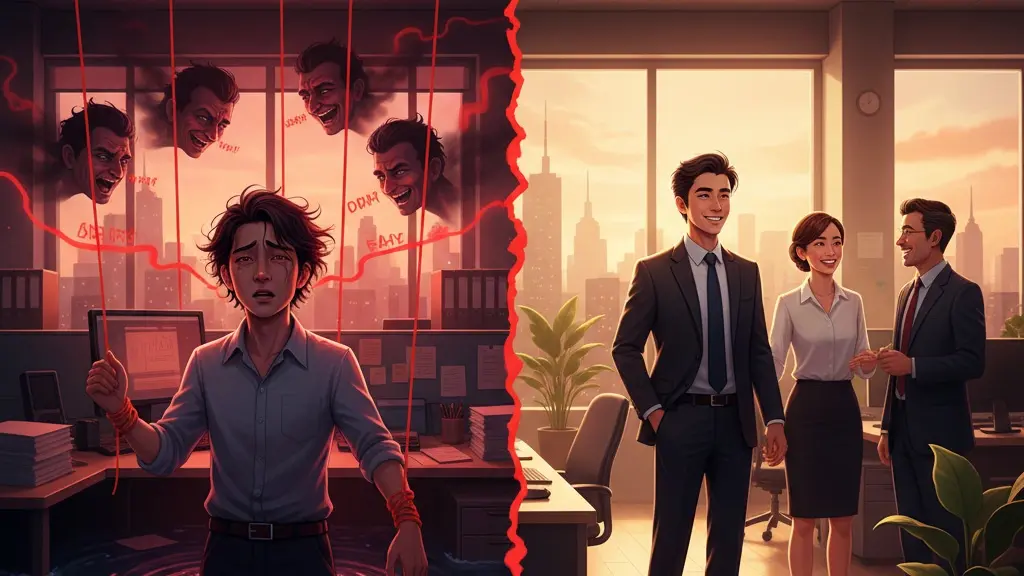 Professional navigating from toxic dark office to bright successful workplace