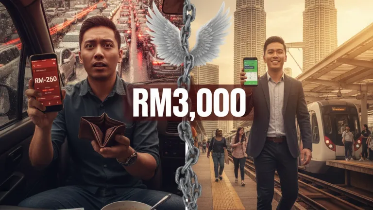 Young Malaysian professional at LRT station choosing public transport over car, saving RM900 monthly