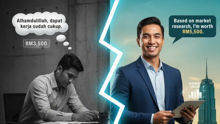 Malaysian fresh graduate confidently negotiating salary from RM3500 to RM5500 using professional script