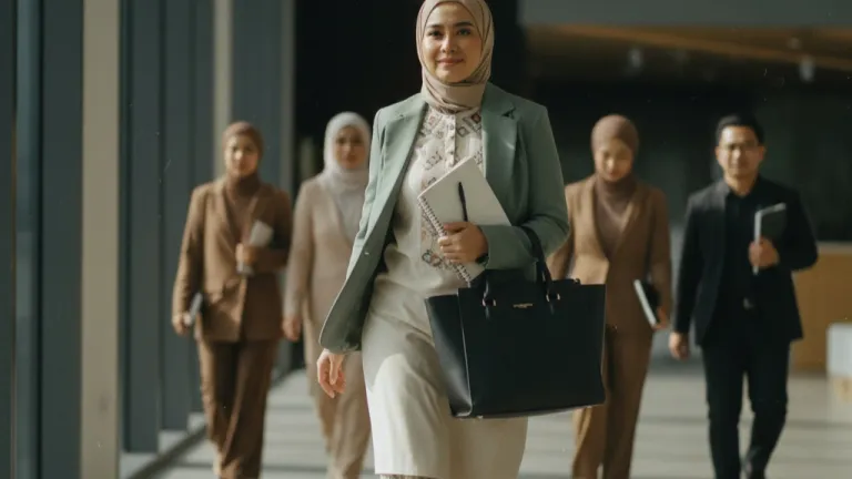 Malaysian professional woman in sage blazer and modern baju kurung walking confidently in office