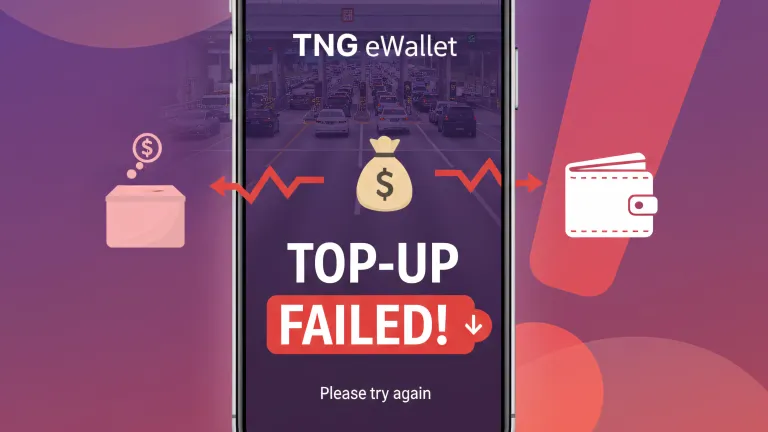 TNG eWallet app showing top-up failed error message on smartphone screen