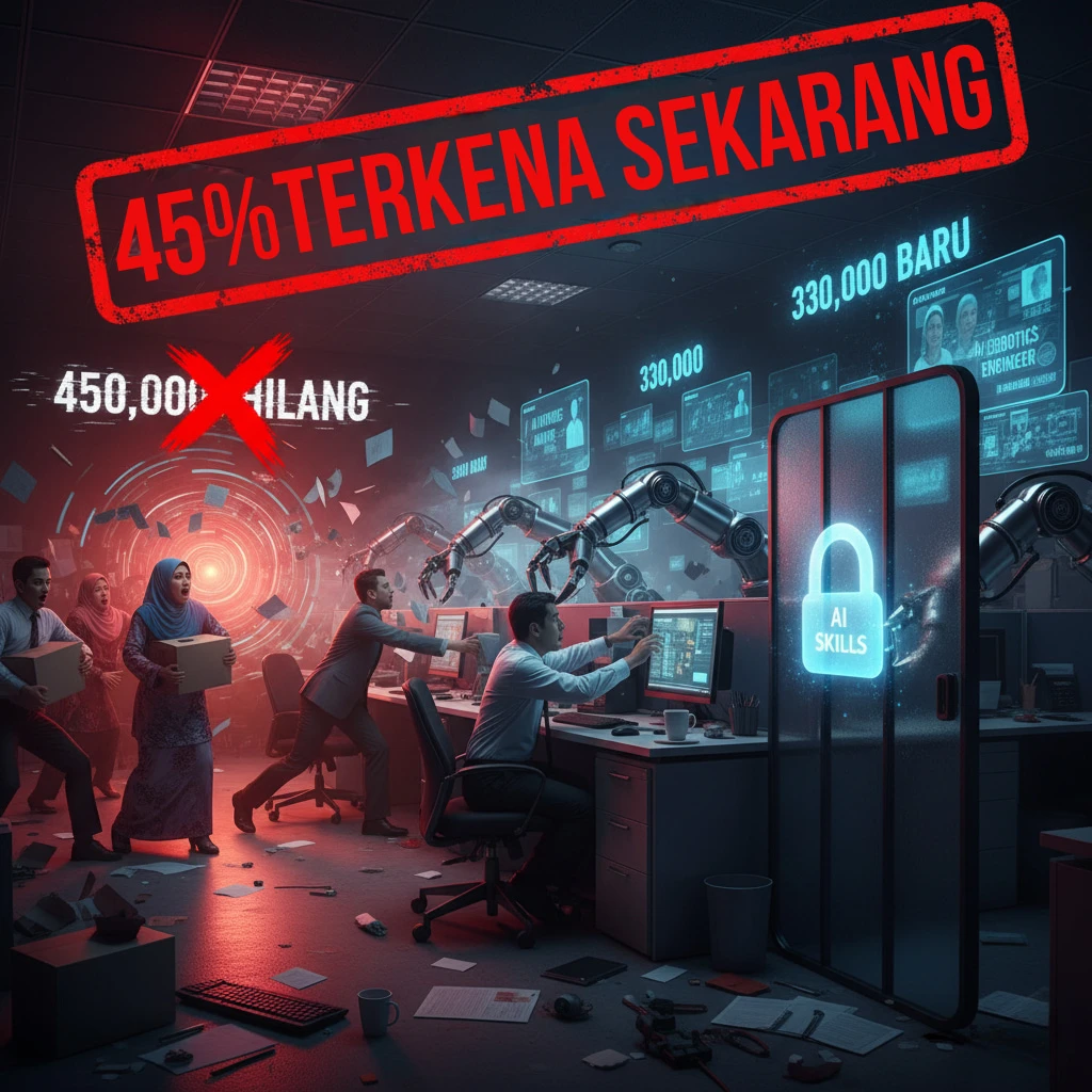 Infographic: 45% workers impacted by AI now, 450,000 jobs lost vs 330,000 new jobs created by 2030