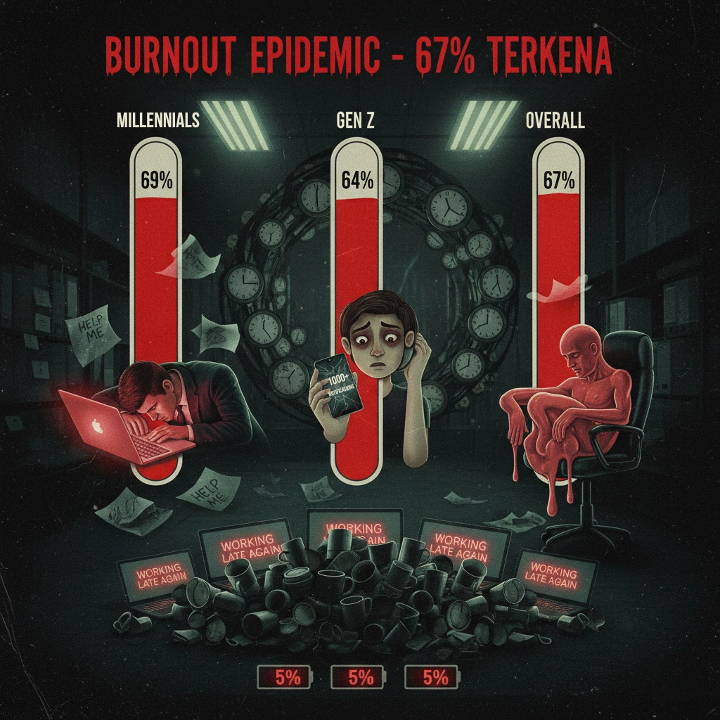 Bar graph: Burnout rates - Millennials 69%, Gen Z 64%, overall workforce 67%