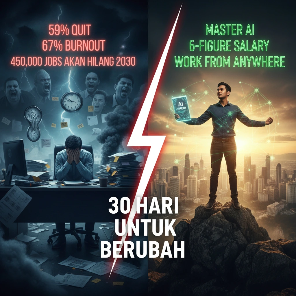 Transformation: Stressed worker with warnings to empowered professional with success markers