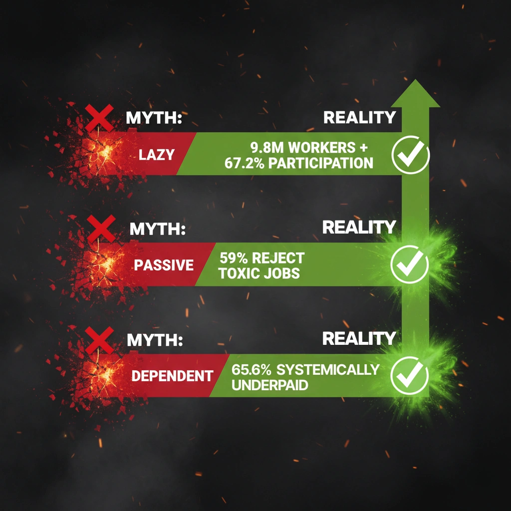 Chart comparing 3 colonial Malay myths (lazy, passive, dependent) with actual employment data