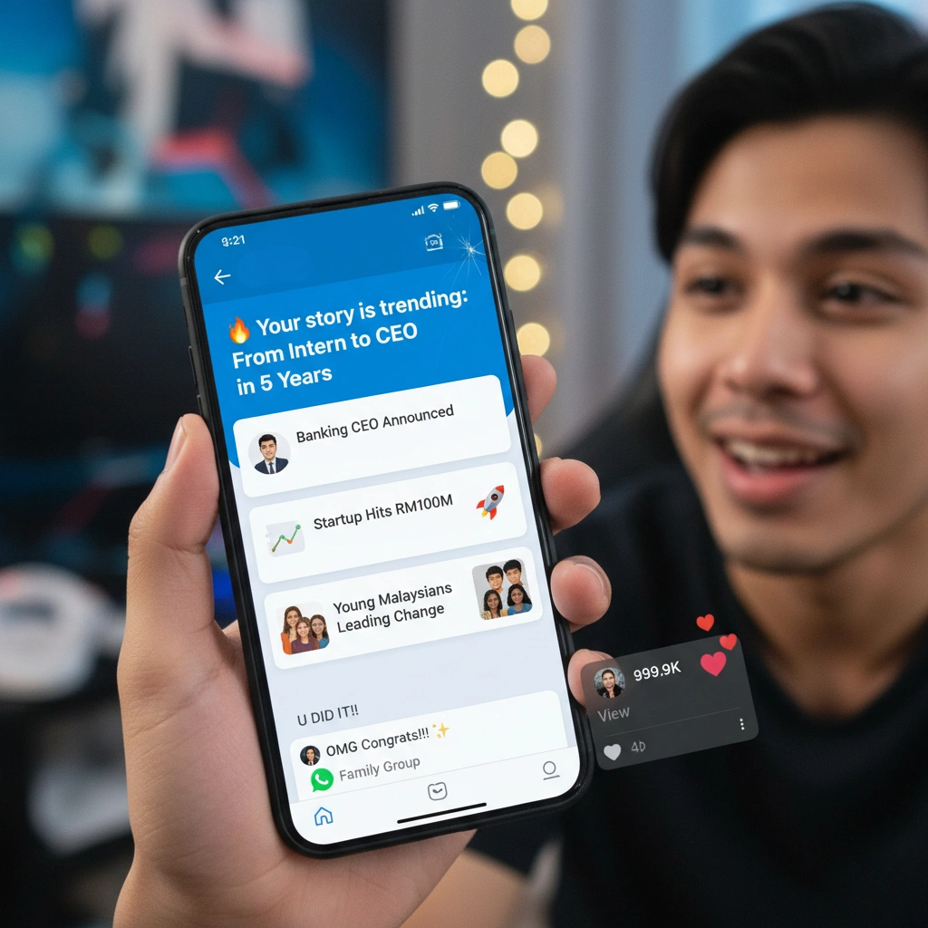 WhatsApp family chat celebrating Malaysian youth CEO success, proving 'not lazy after all' with achievement badges