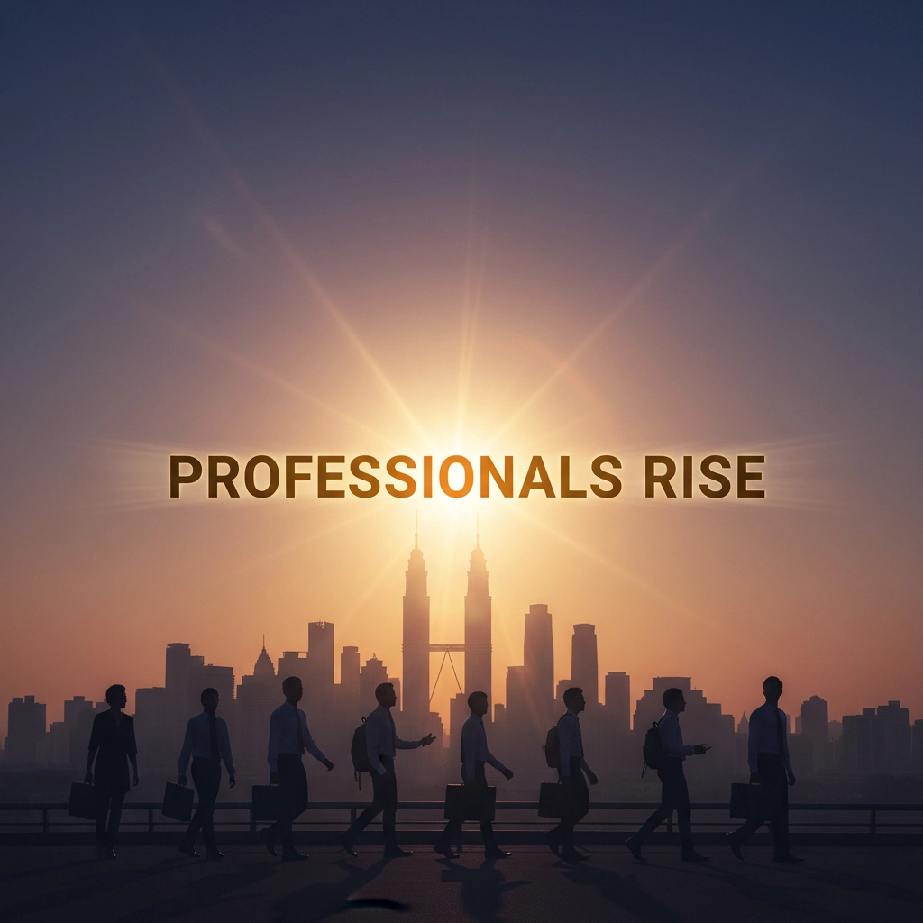 Sunrise over Malaysian city with professionals rising, symbolizing triumph over colonial myths