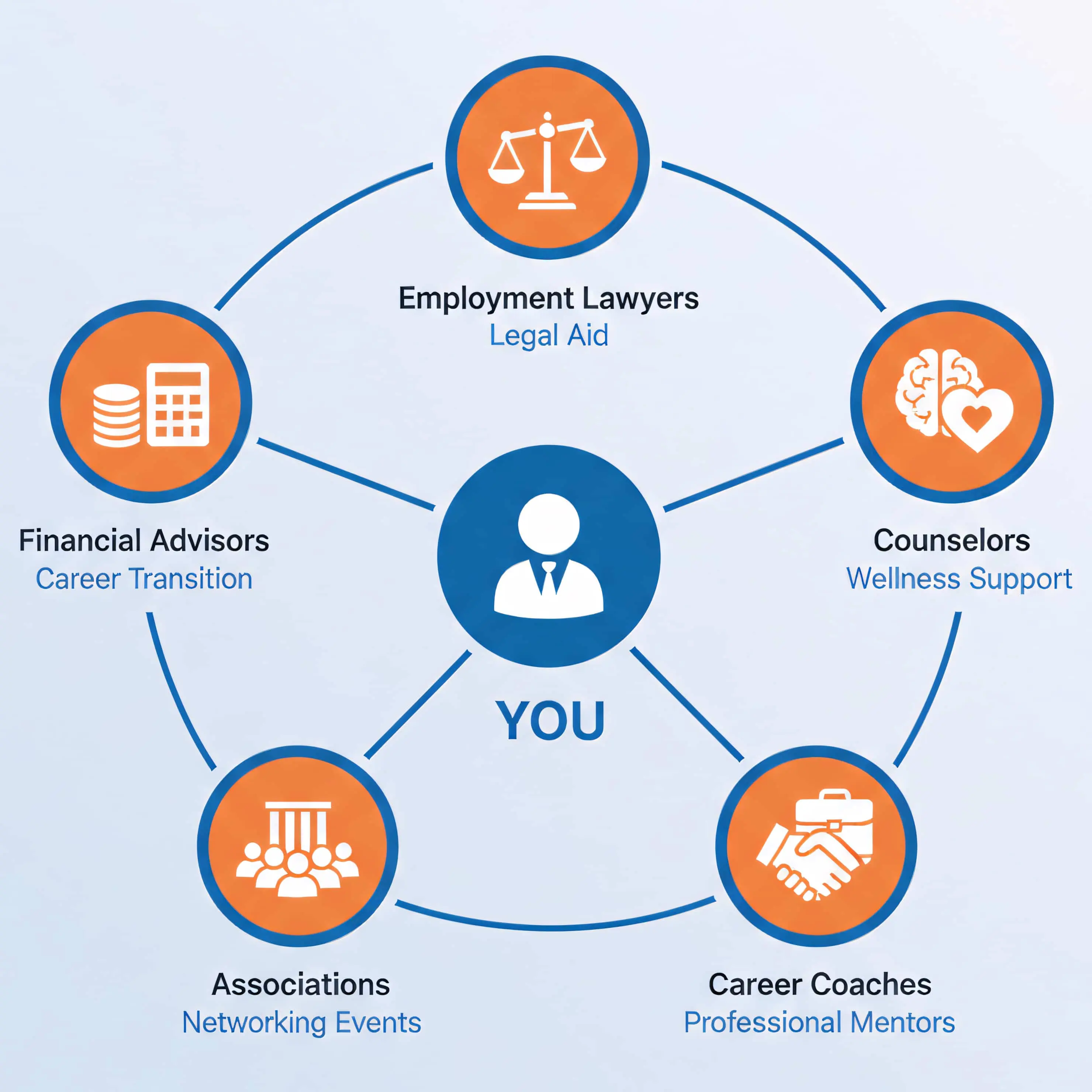 Support network map - legal aid, mental health, career counseling, industry groups