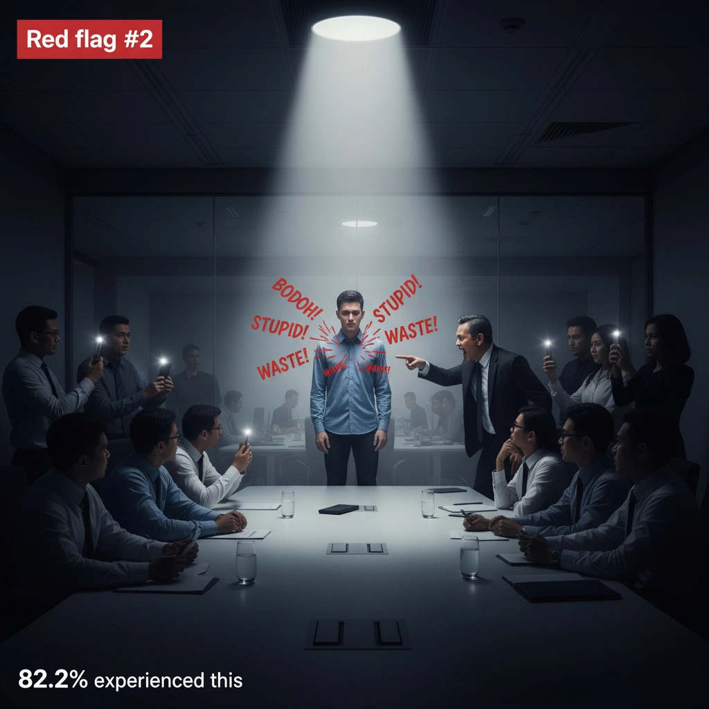 Red flag icon depicting public humiliation at workplace - 82.2% Malaysian workers experienced this