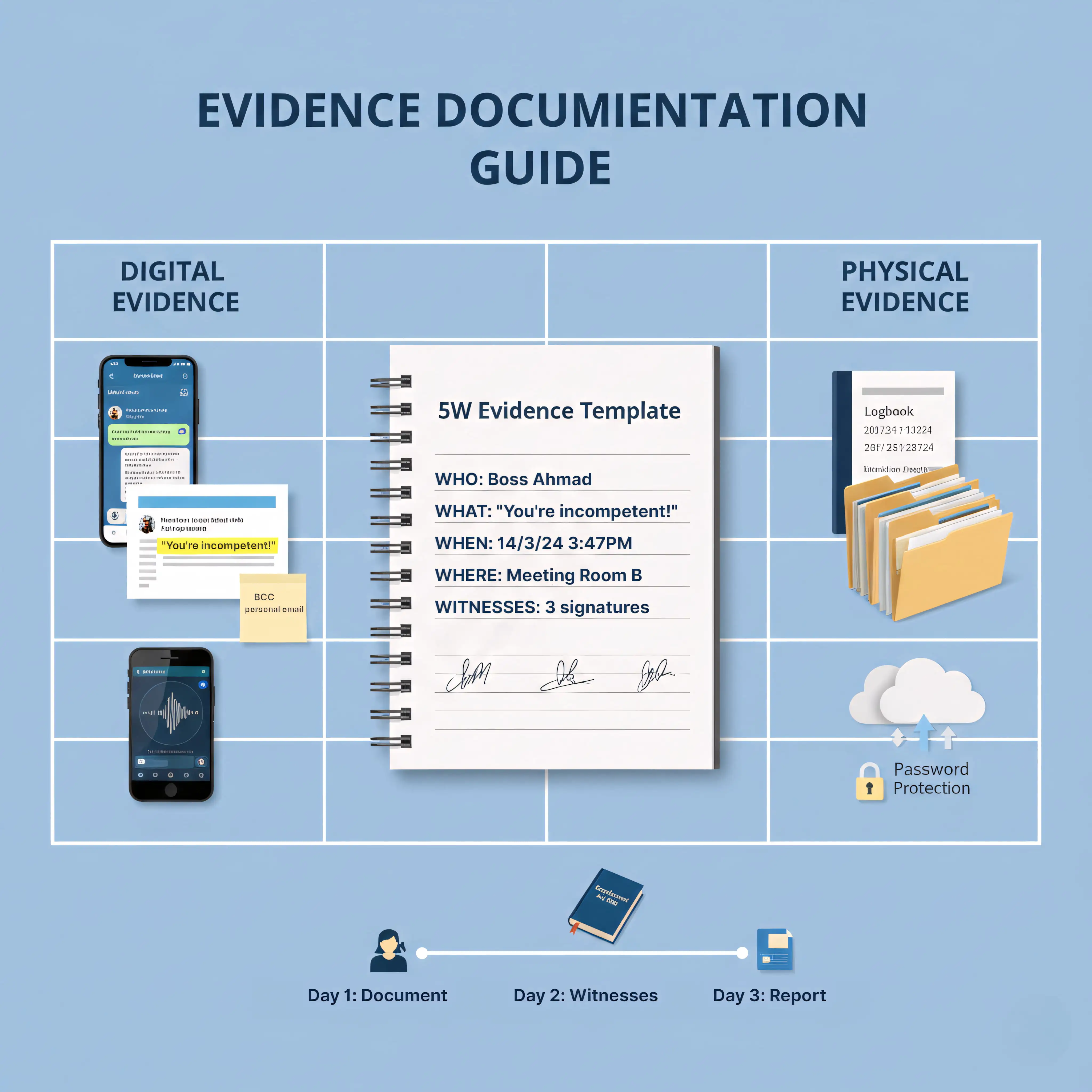 Visual guide for documenting workplace incidents using 5W method - Who What When Where Witnesses