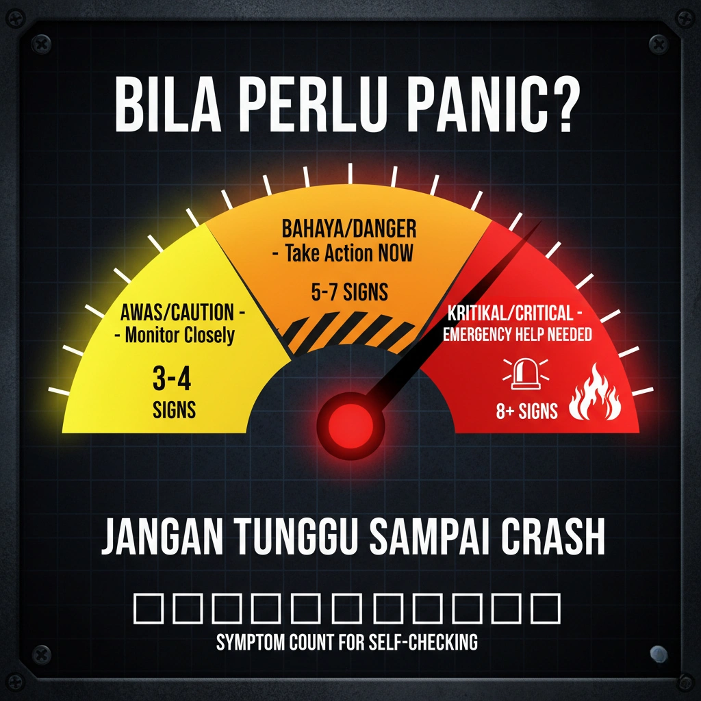 Burnout alert gauge: Yellow caution (3-4 signs), Orange danger (5-7), Red critical (8+)