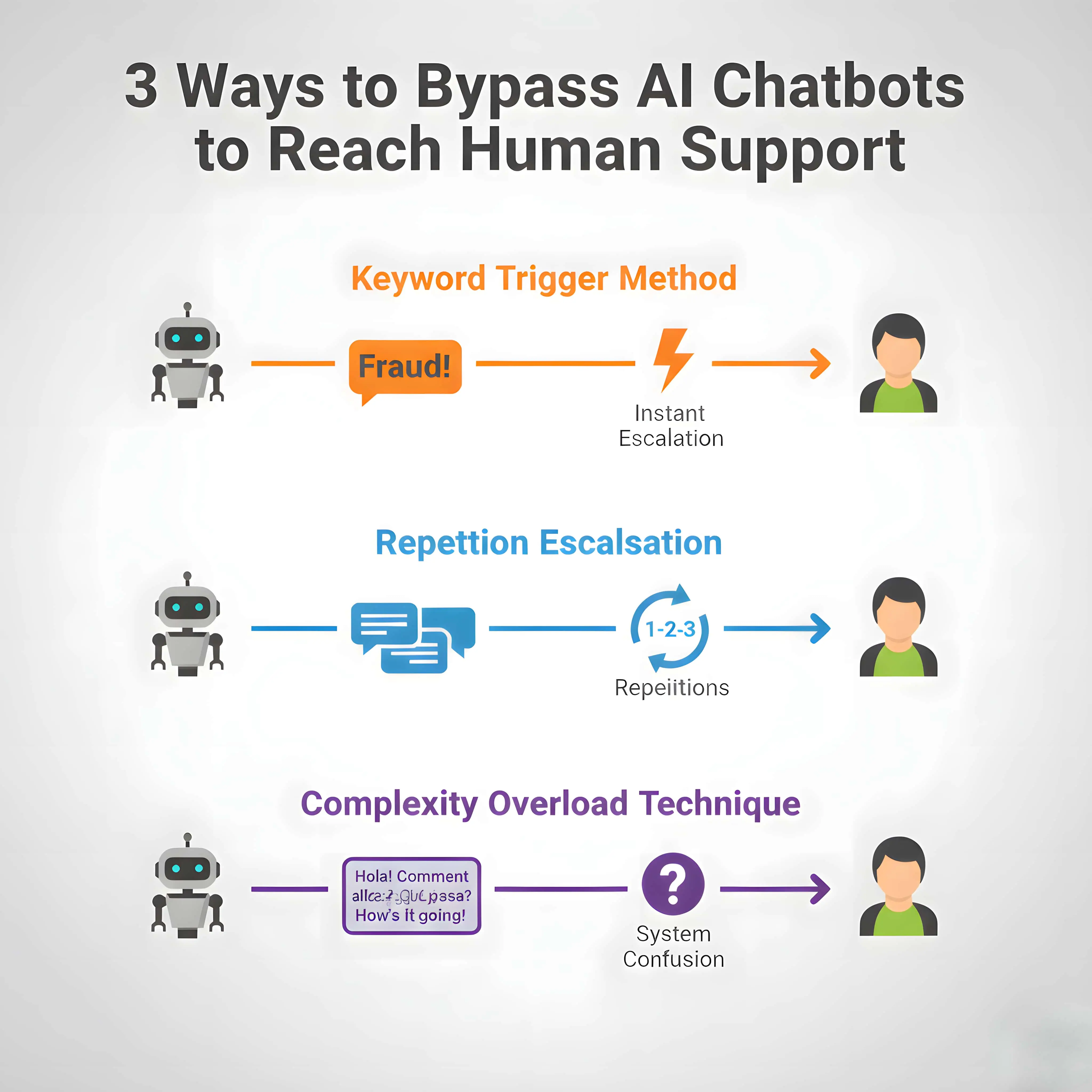 Three methods to bypass chatbot keyword repetition complexity infographic