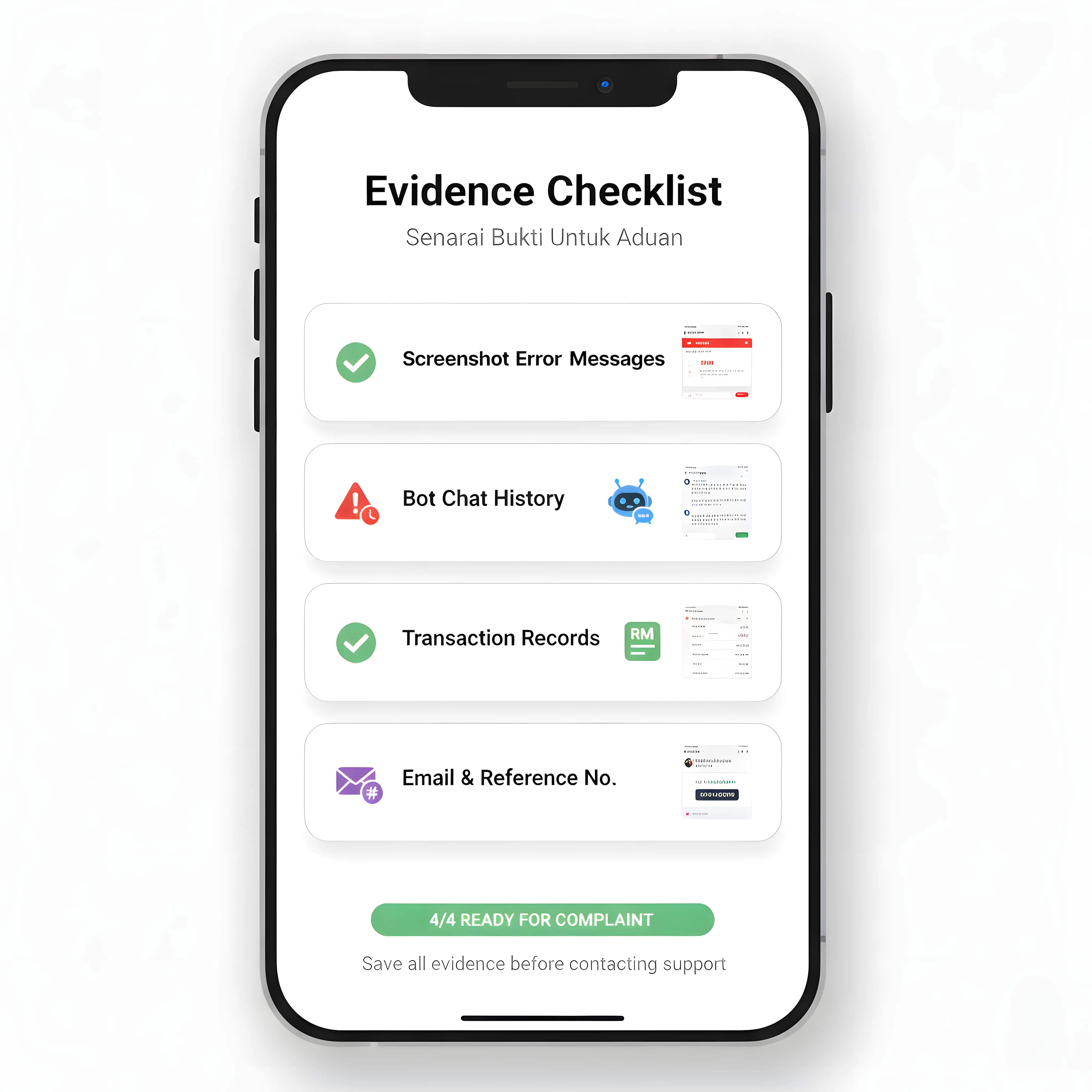 Evidence collection checklist for customer complaints mobile interface