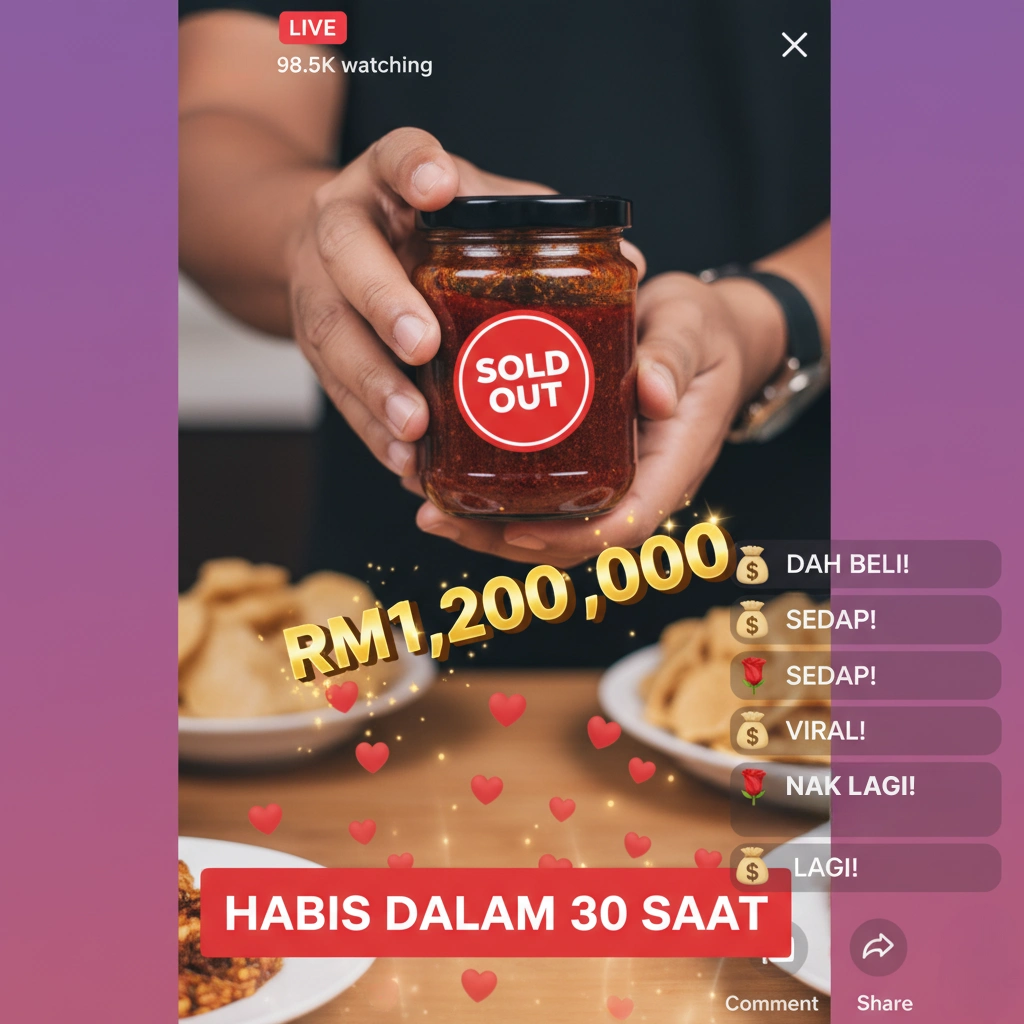 TikTok Live screen showing RM1.2 million sales achievement in 30 seconds