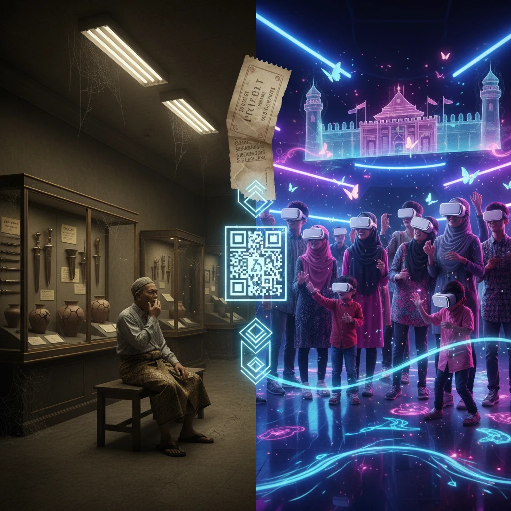 Split comparison between boring traditional museum and exciting VR museum experience
