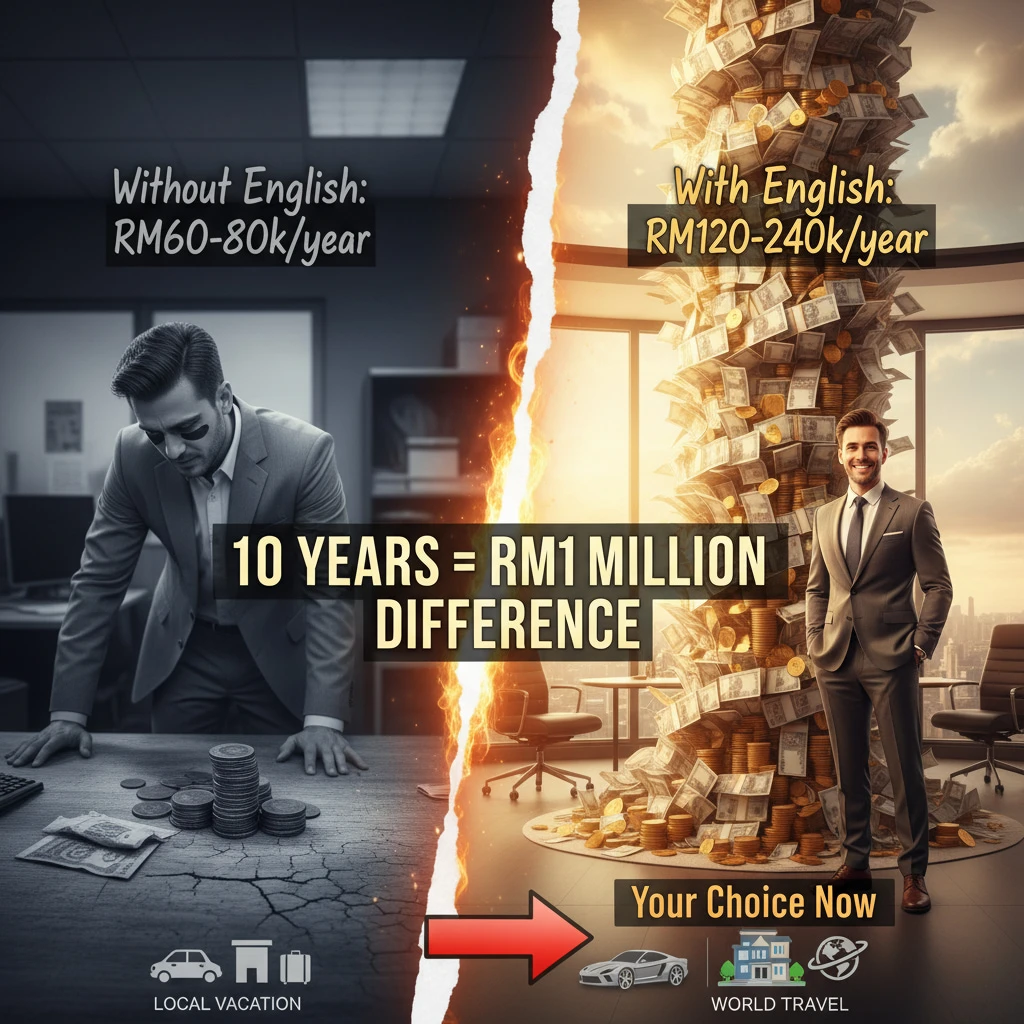 Salary comparison chart: English-optional RM60-80k vs English-required RM120-240k positions showing 150% gap