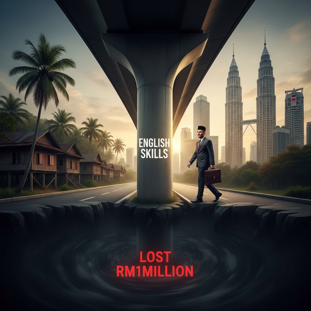 Bridge connecting kampung to KL CBD with English skills as pillar, professional walking confidently across