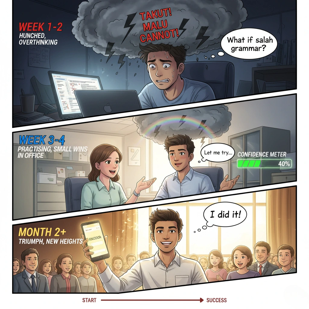 3-stage transformation from English fear to confidence: Week 1-2 foundation, Week 3-4 practice, Month 2+ success