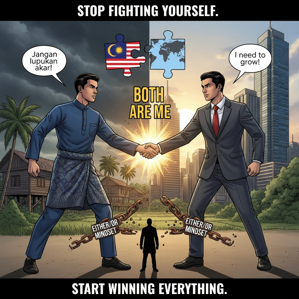 Two sides of Malay professional reconciling: traditional and modern selves unite with 'Both Are Me' message