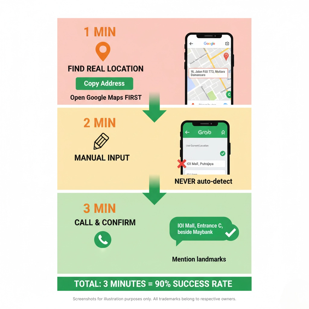 3-step GPS fix guide: Google Maps, manual input, call driver with landmarks - 90% success rate
