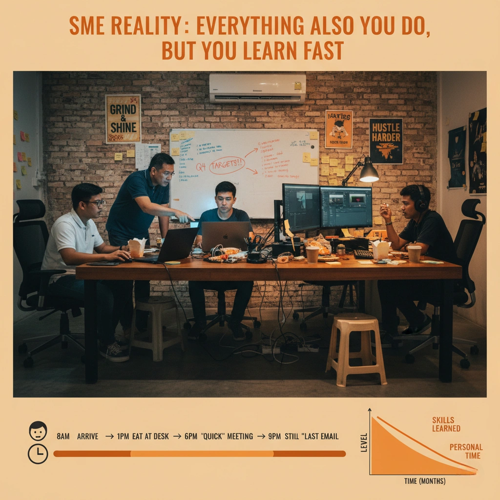 Local SME workspace in shophouse with busy team working late