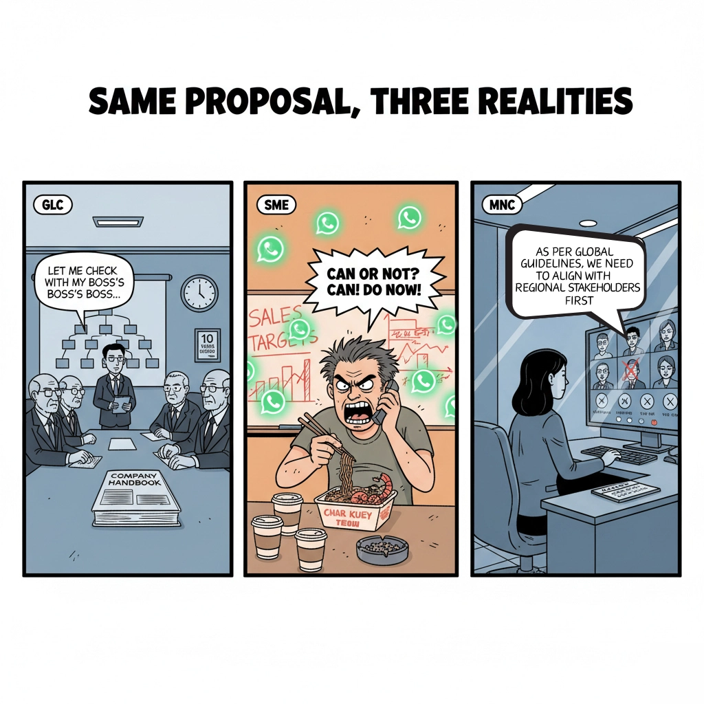 Three-panel comic showing different meeting cultures in GLC, SME, MNC