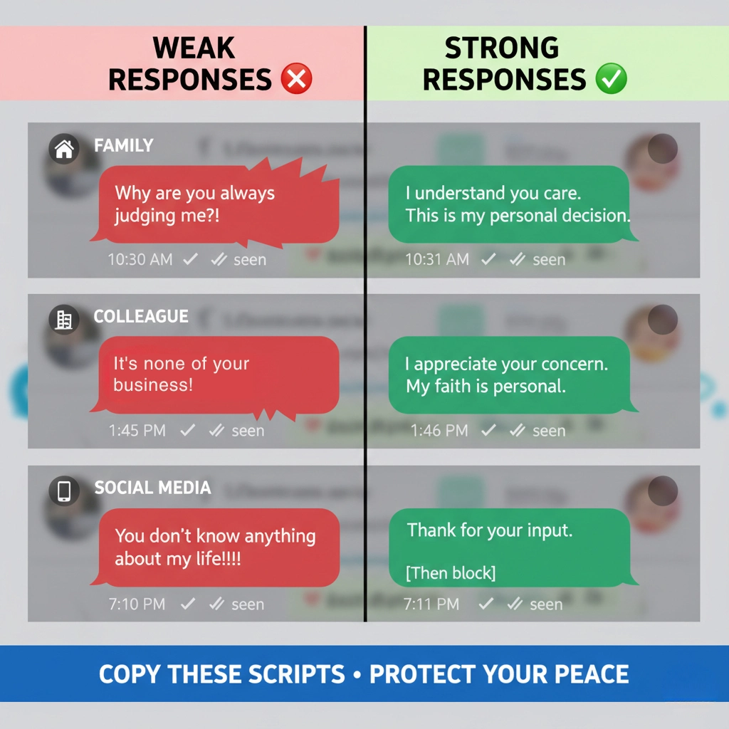 Weak vs Strong response examples for family, colleague, and social media situations