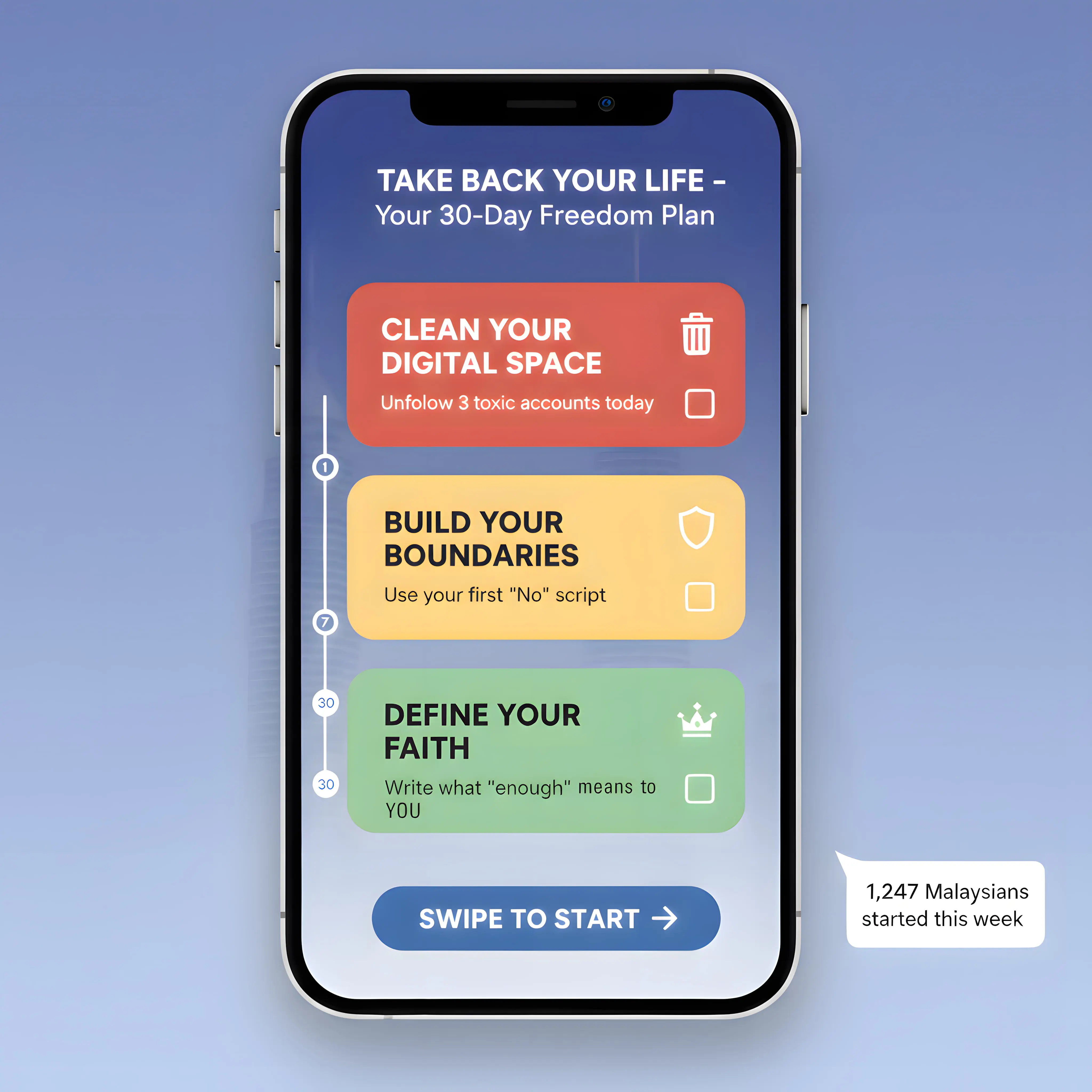 30-day freedom plan app: Clean digital space, build boundaries, define faith