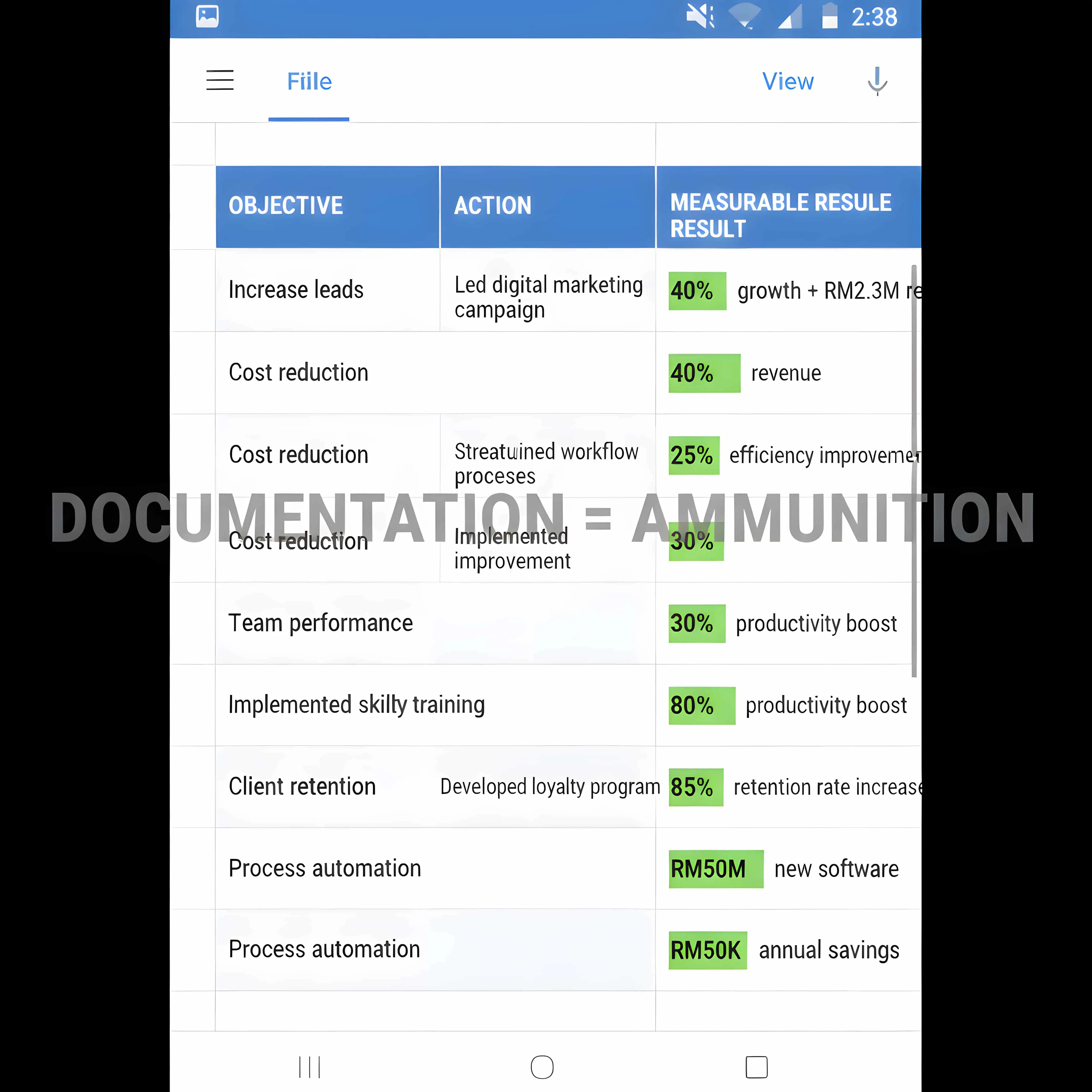 Achievement documentation template for salary negotiation