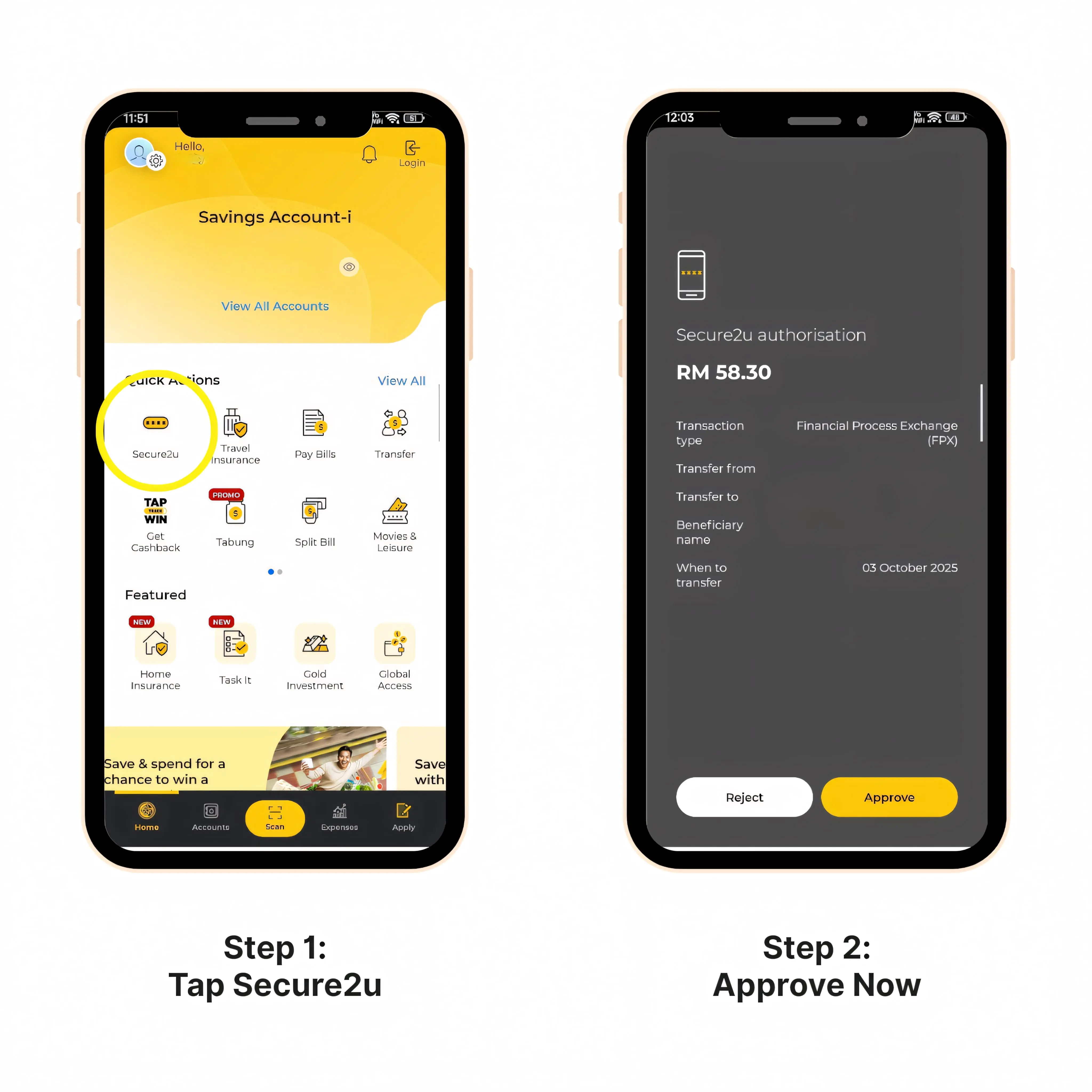 MAE app Quick Actions to Secure2u approval 2-step process