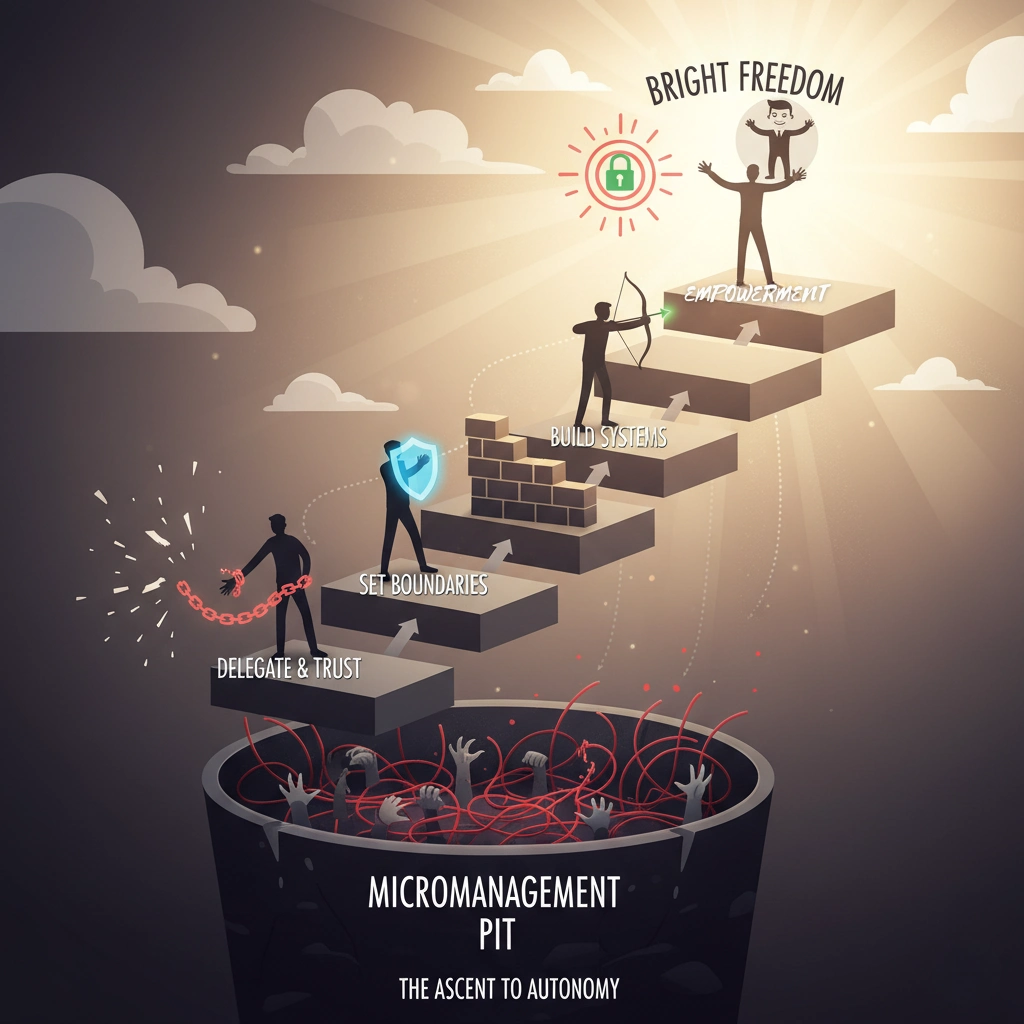 Visual flowchart showing 5 progressive tactics from darkness to freedom escaping micromanagement