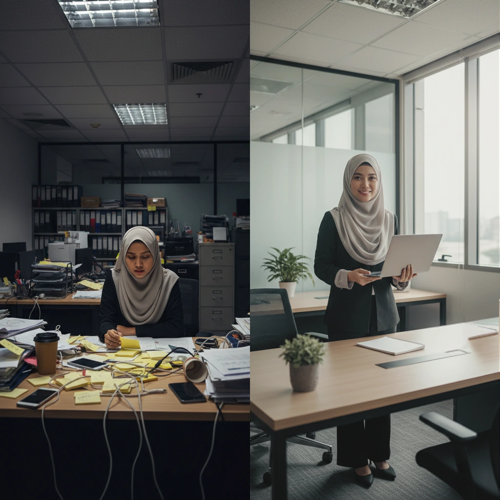 Split screen showing stressed worker transformed into confident professional after applying tactics