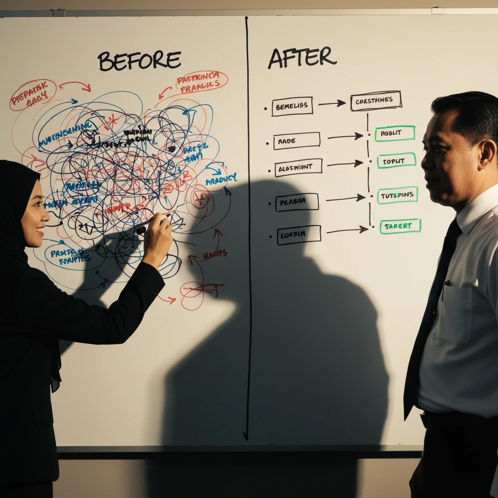 Malaysian employee drawing clear boundary line on whiteboard while boss steps back respectfully in modern office