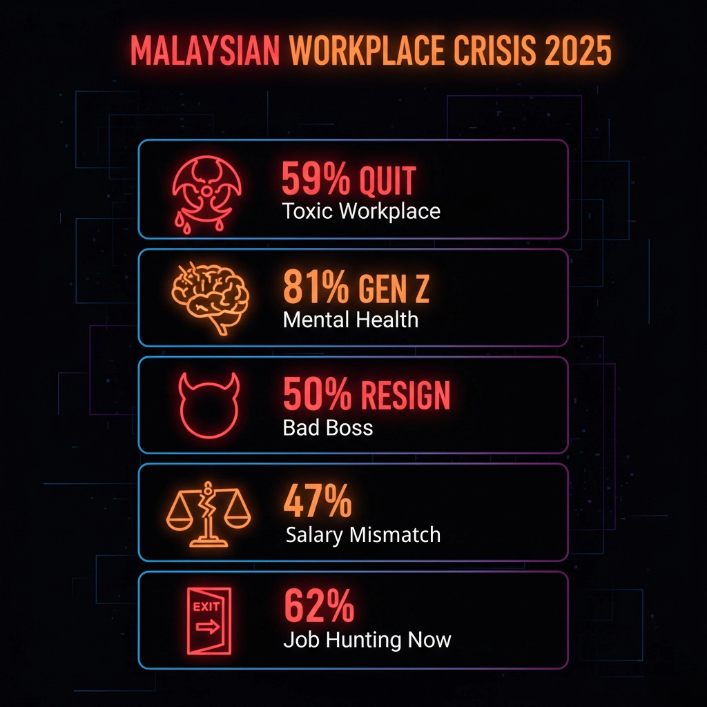 Malaysian workplace crisis statistics showing 59% quit rate and 81% mental health resignations
