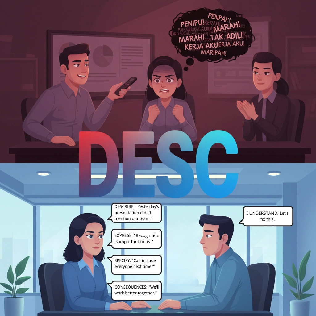 DESC conflict resolution framework showing 4 steps from silence to strategic conversation