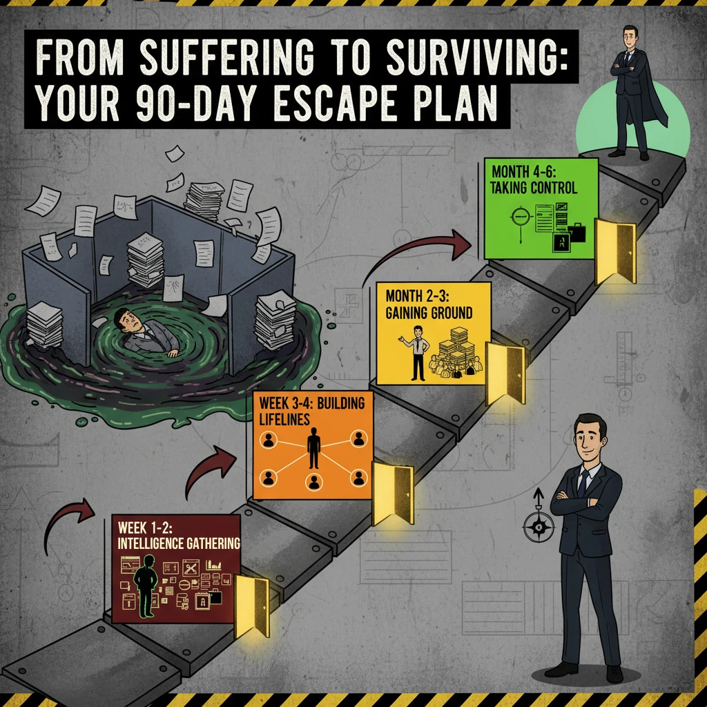 90-day transformation timeline from suffering employee to confident navigator