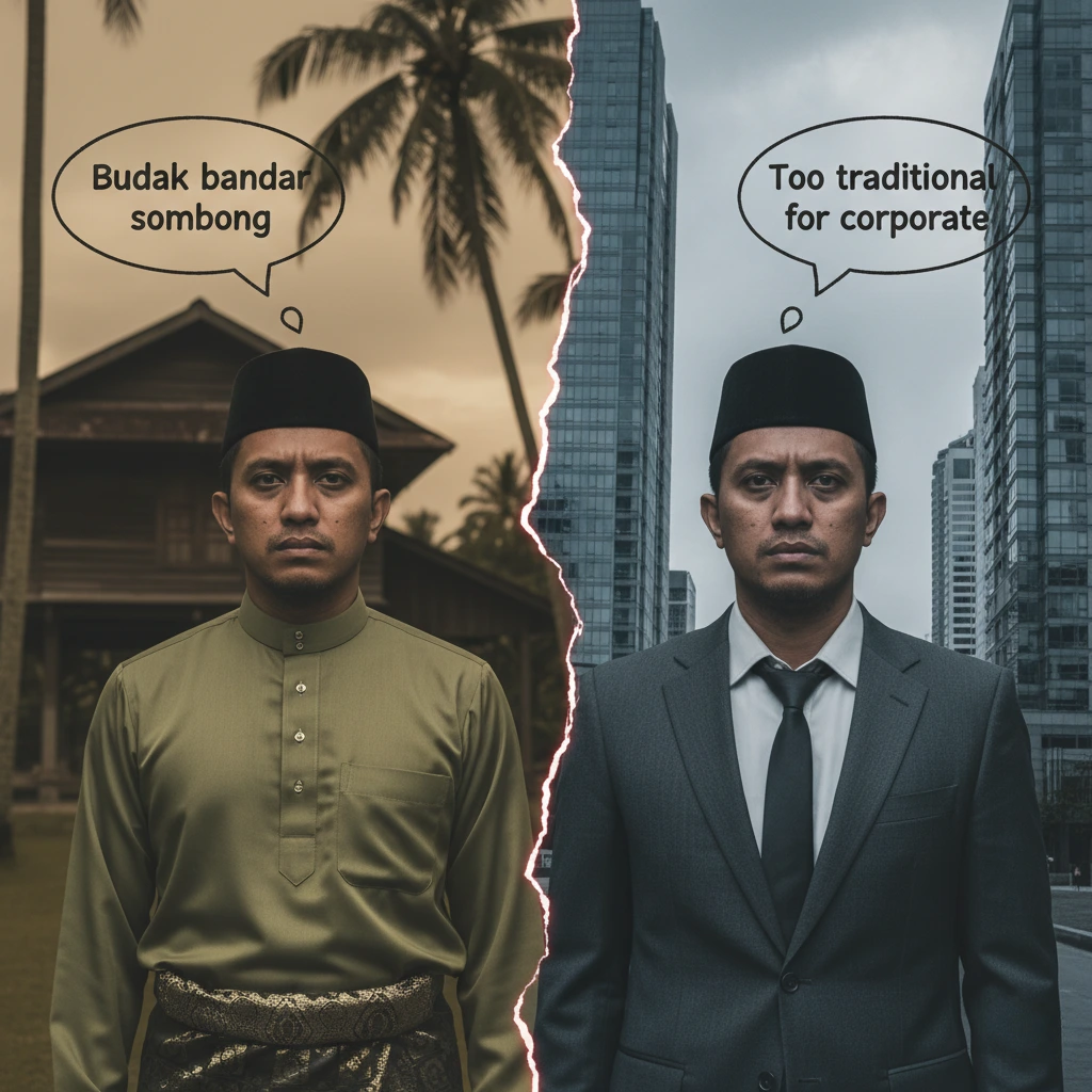 Young Malay professional torn between traditional kampung and modern corporate identity