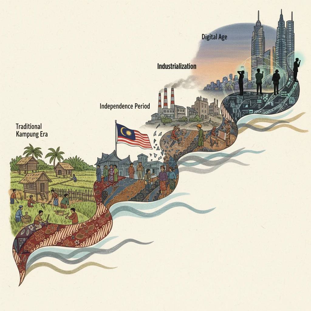 Timeline showing Malay identity evolution from traditional kampung to digital age