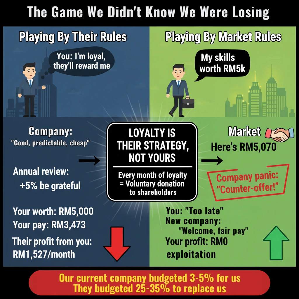Career trajectory comparison: RM3,000 to RM3,473 loyalty path vs RM3,000 to RM5,070 strategic jumps over 3 years