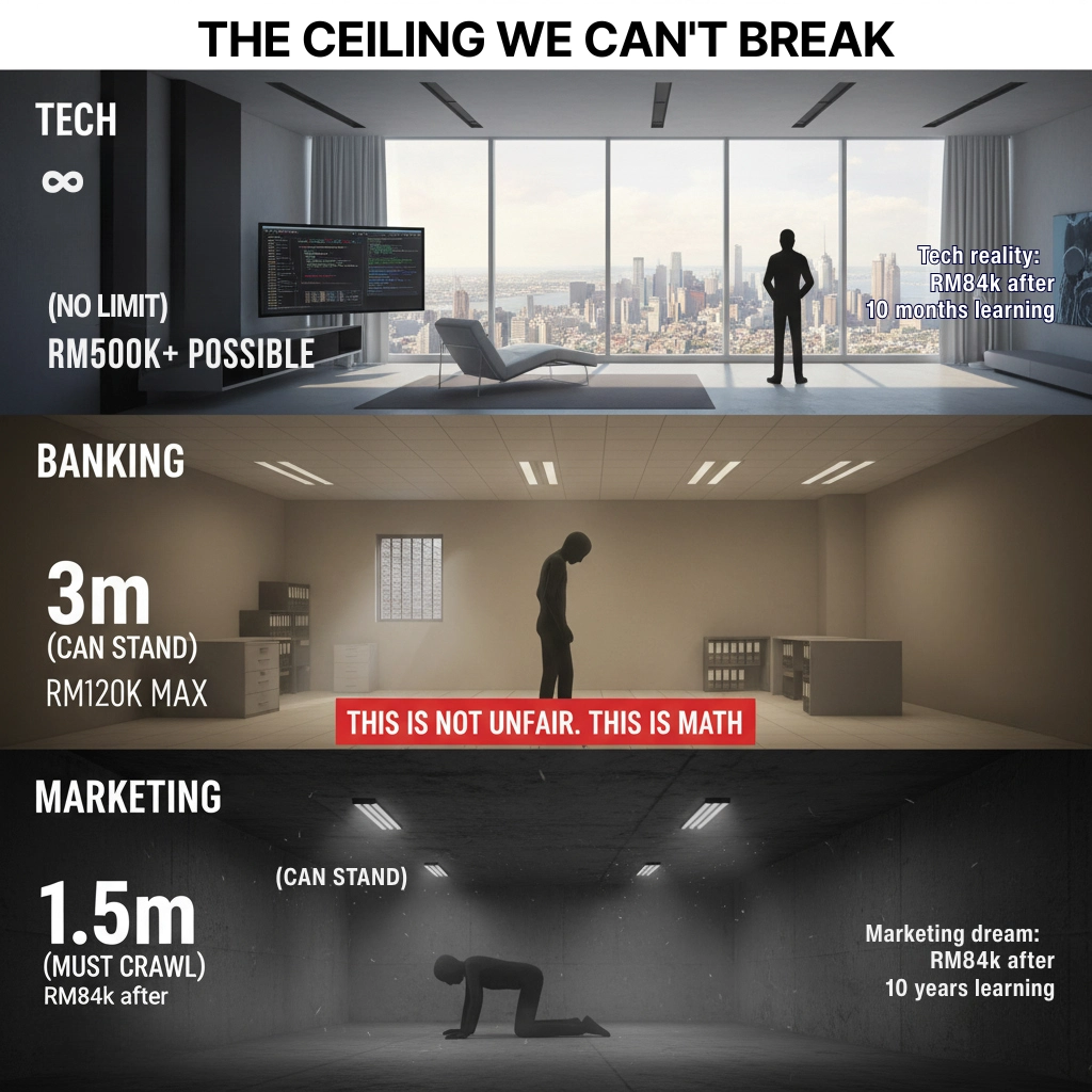 Industry salary ceiling comparison Malaysia: Marketing RM84k vs Tech RM300k vs Finance RM144k annual maximum