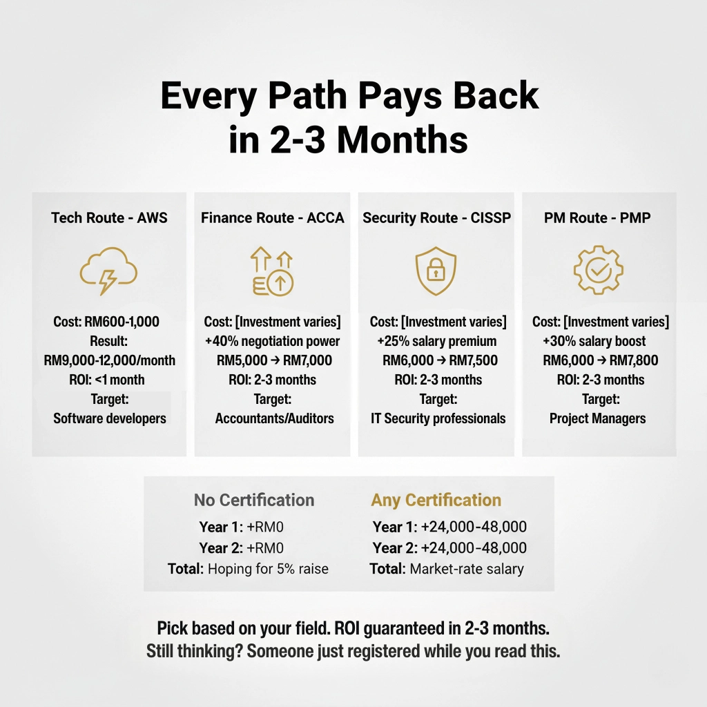 Certification ROI calculator showing 2-3 months payback: AWS, ACCA, CISSP, PMP investment returns