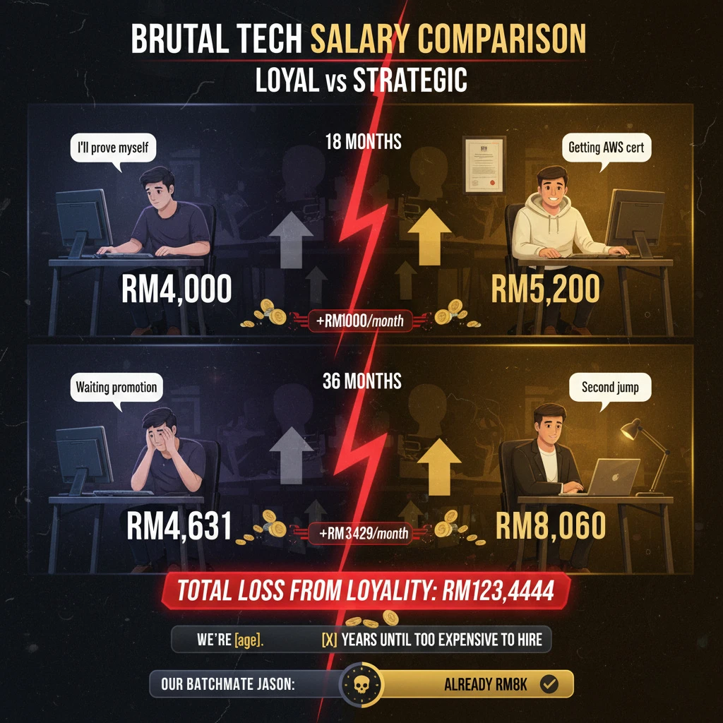 Tech career path flowchart: RM4,000 to RM8,060 through AWS certification and two strategic job changes in 36 months
