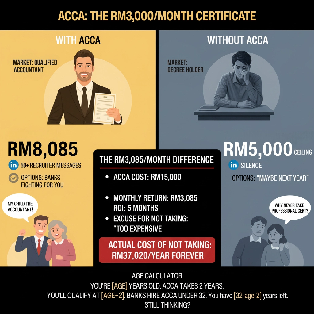Finance career path flowchart: Big 4 RM3,500 to Bank RM8,085 through ACCA qualification and strategic moves